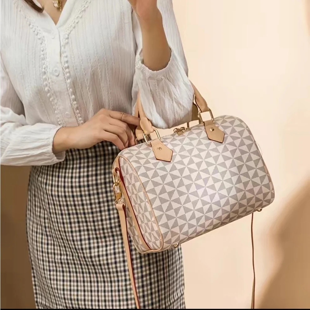 New Tan Beautiful Geometric Boston Bag Crossbody Satchel Handbag Purse Doubl…